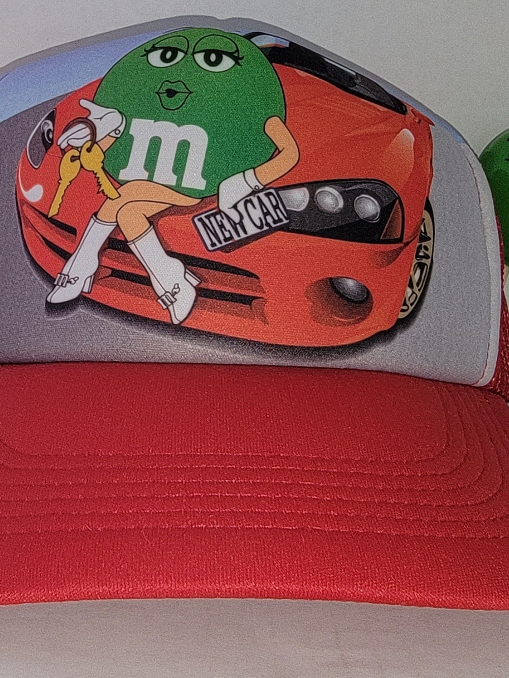 M&M'S Red Trucker Cap with Green M&M Car Graphic